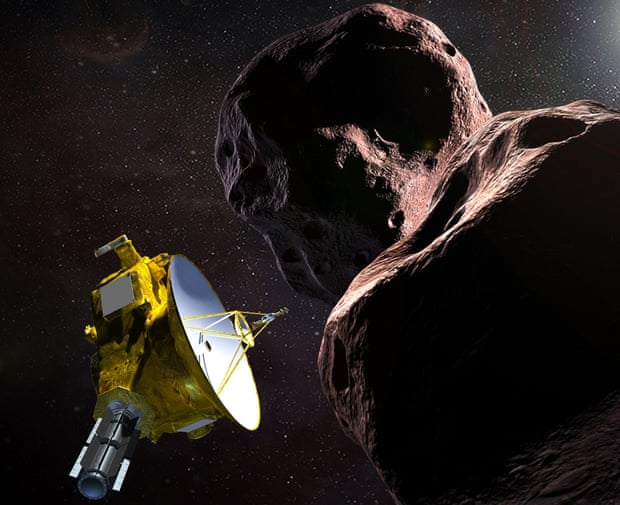 An artist’s impression shows the New Horizons probe encountering Arrokoth in the Kuiper belt 1bn miles beyond Pluto.