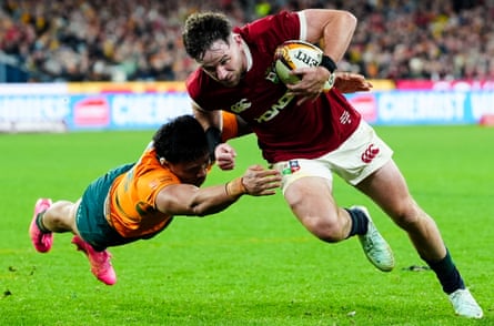 Hugo Keenan scores the winning try against Australia in the second Lions Test