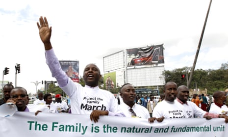 Kenyan MP Irungu Kang’ata leads the anti-gay caucus as they chant slogans against the LGBT community during a march in Nairobi, 6 July 2015