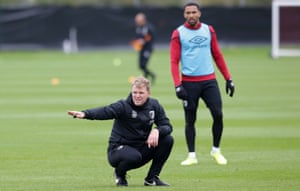 Eddie Howe oversees training. ‘I’m very, very there, mentally and physically, with the players,’ he says.
