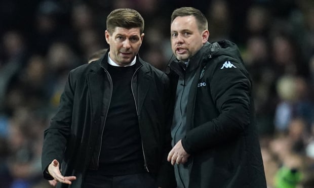 Michael Beale with Steven Gerrard at Leeds' Premier League home game against Aston Villa in February.