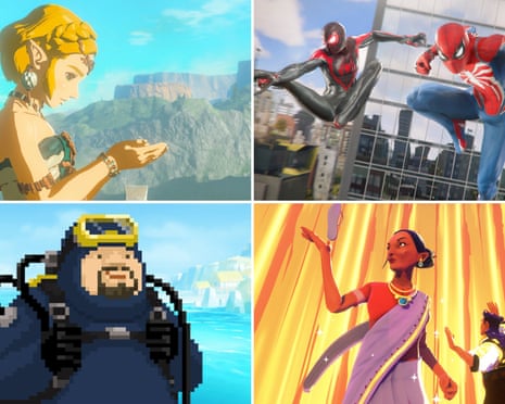 Privileged to play … Clockwise from top left: The Legend of Zelda: Tears of the Kingdom, Marvel's Spider-Man 2, Thirsty Suitors, Dave the Diver