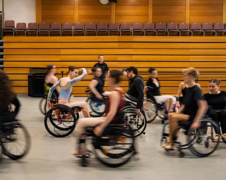 A wheelchair ballet class in the Royal Ballet School. Kate Stanforth in orange chair