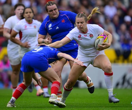 Zoe Harrison of England on the break hands off Pauline Bourdon Sansus of France