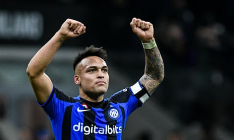 Lautaro Martínez celebrates after giving Inter victory in the Milan derby.