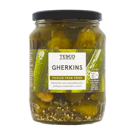 A jar of Tesco Whole Pickled Gherkins