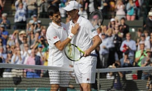Sam Querrey is congratulated by Novak Djokovic after his upset win.