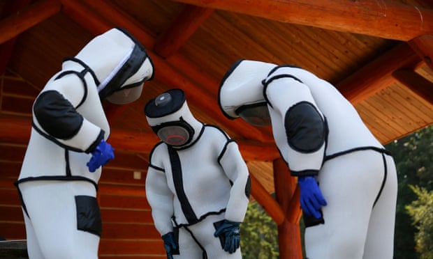 Staff of the Oregon department of agriculture wear hornet extraction suits during an Asian giant hornet field training day held at Birch Bay state park near Blaine, Washington, this week.