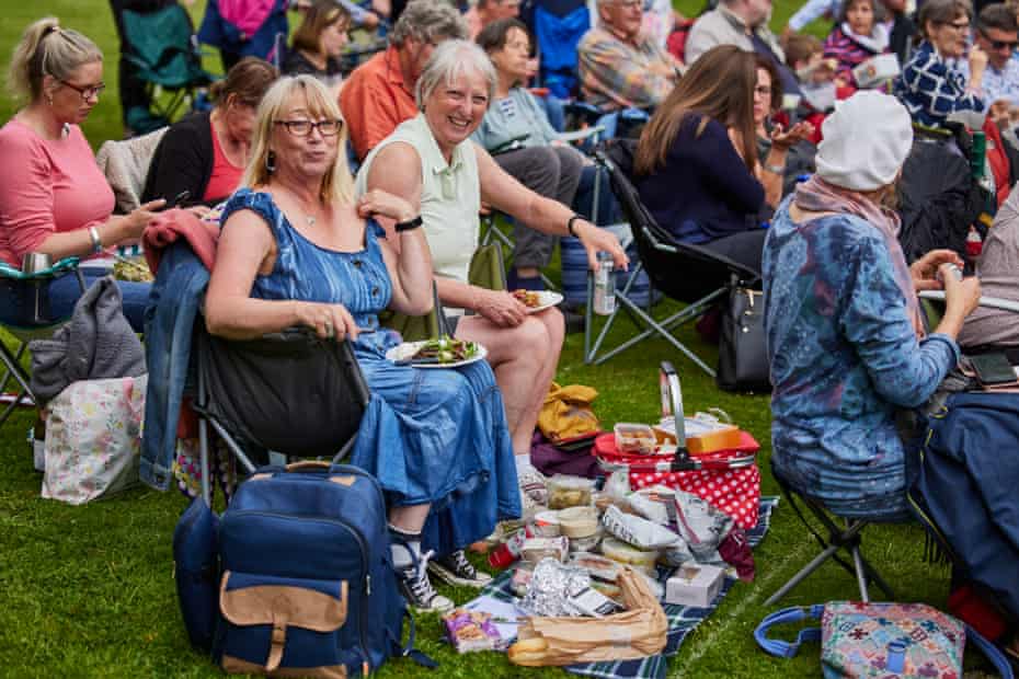 Hazel (left) and Lindsay from Wiltshire get ready for the show at Glastonbury Abbey