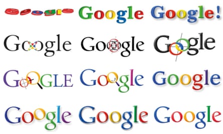 A series of 12 Google logos showing how it has evolved over time