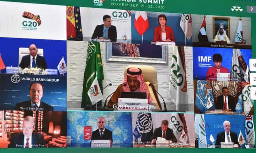 Saudi King Salman bin Abdulaziz gives an address opening the G20 summit, held virtually due to the pandemic.