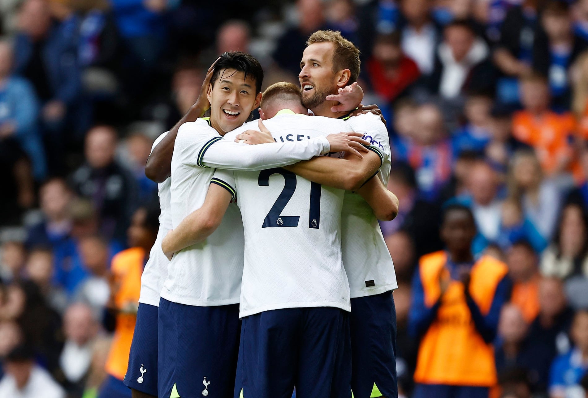 Harry Kane celebrates scoring for Spurs in pre-season against Rangers with Son Heung-min and Dejan Kulusevski.