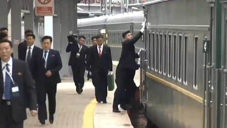 Kim Jong-un attendants wipe down train as he arrives for Putin talks – video 