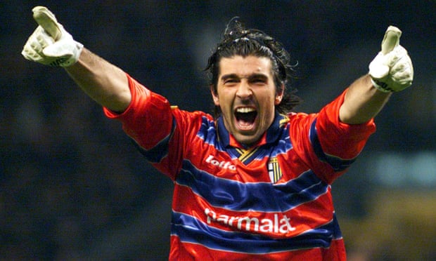 Gianluigi Buffon celebrates after Parma score for a second time against Marseille in the 1999 Uefa Cup final