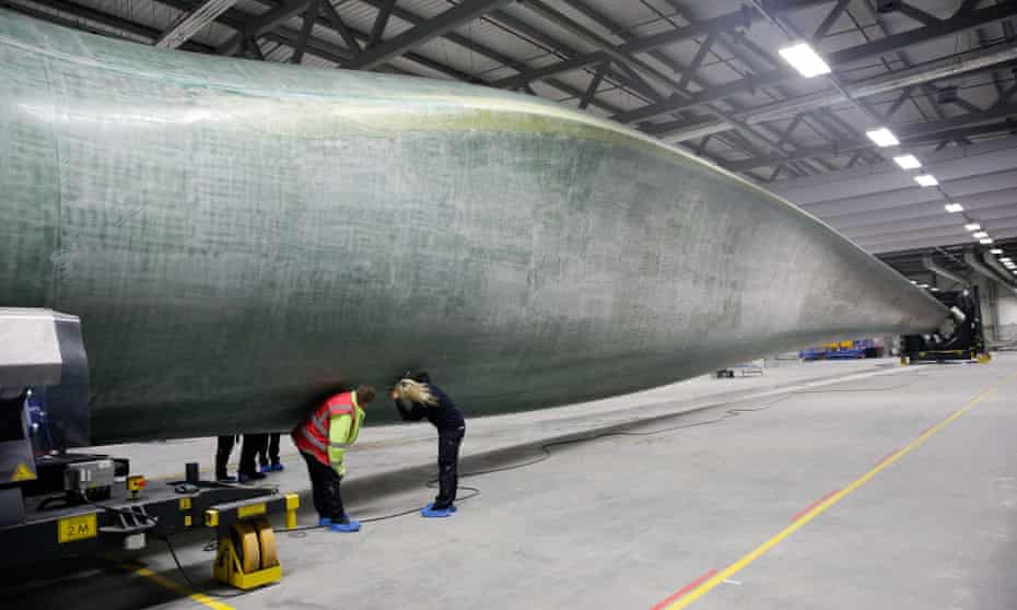 Quality control checks on a wind turbine blade at a factory in Hull.