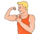 An illustration of a muscle man in a vest with blond hair.