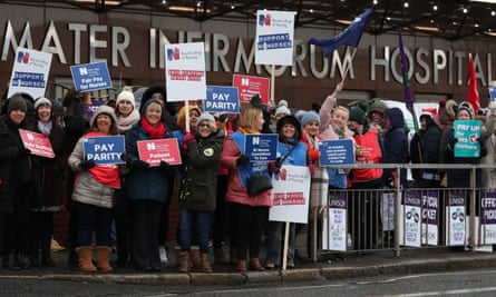 A picket line outside the Mater Infirmorum hospital in Belfast on Wednesday.