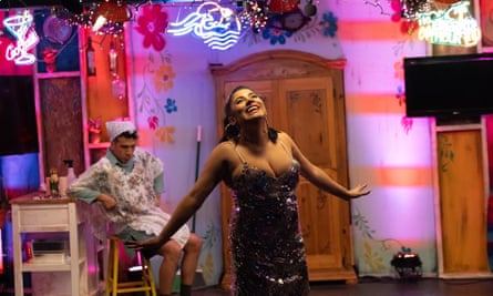 King on stage in Static: A Party Girl’s Memoir, a play based on her experience.