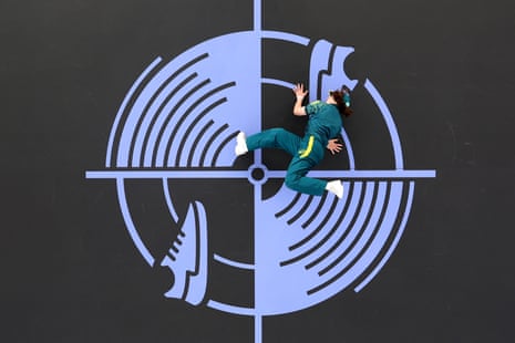 Rachael ‘Raygun’ Gunn competes during the women’s breaking competition at the Paris Olympics, where she failed to win a single vote from the nine judges across her six rounds.