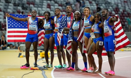 The US men’s and women’s teams celebrate victories in both 4x100m relay finals at the world championships on Saturday.
