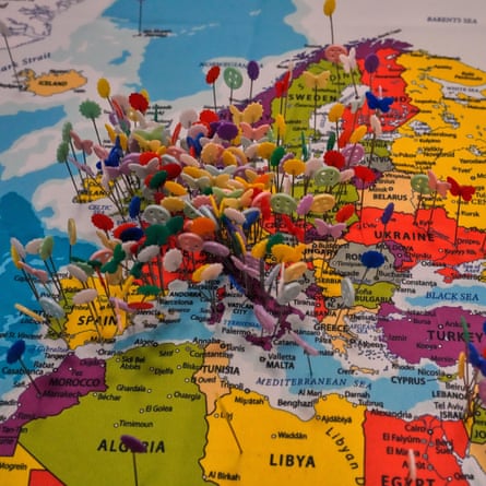 Pins placed by visitors on a map showing Europe and north Africa