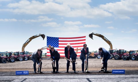Wisconsin G=governor Scott Walker (second left), US President Donald Trump, Foxconn chairman Terry Gou (second right) and speaker of the House Paul Ryan (right) participate in a groundbreaking for Wisconsin’s new Foxconn facility.