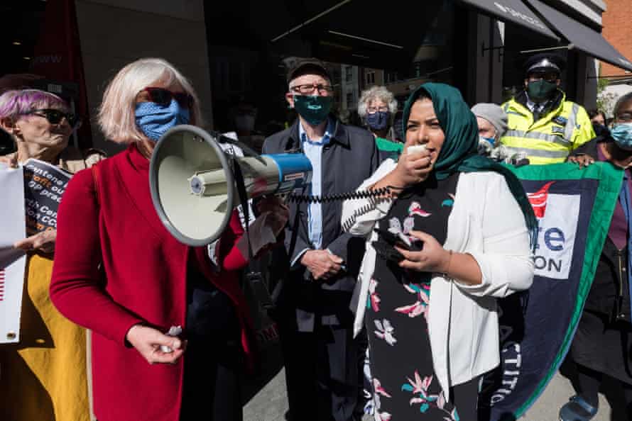 Apsana Begum with the former Labour leader Jeremy Corbyn at a protest against the privatisation of GP practices in April 2021