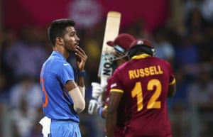 Hardik Pandya looks on in disbelief as Simmons is reprieved again.
