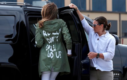 Melania Trump climbs into a vehicle wearing a jacket with the phrase ‘I Really Don’t Care. Do U?’ on the back on 21 June 2018.