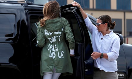 Melania Trump climbs into her motorcade wearing the infamous Zara jacket, in Maryland in 2018.