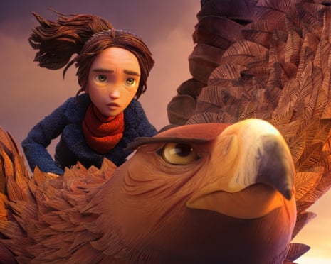In Wildwood, an animated girl with windswept hair rides atop a large feathered bird creature