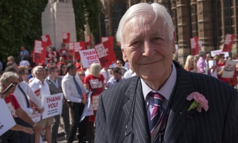 Lord Avebury celebrates the passing of the Gay Marriage Bill in July 2013 with campaigners