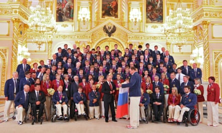 Russia’s President Vladimir Putin, front centre, meets the national Paralympic team in Moscow’s Kremlin in September 2012 after they returned from London after taking part in the Paralympic Games.