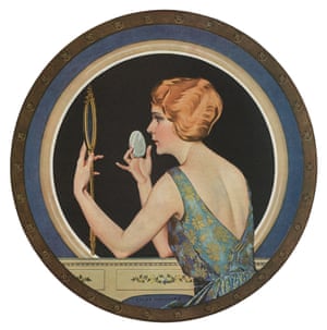 Vintage illustration of a flapper sitting at a vanity applying her makeup in the mirror, 1923.