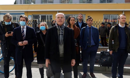 Jim Nickel, Charge d’affaires of the Canadian embassy in China, is joined by other foreign diplomats outside the Intermediate People’s Court where Michael Spavor was tried on Friday.