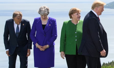 Donald Tusk, Theresa May, Angela Merkel and Donald Trump at the G7 summit in Canada