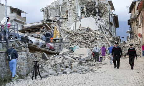 Collapsed buildings are seen following an earthquake in Amatrice Italy.