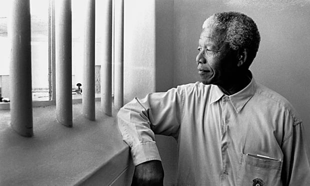 Nelson Mandela in his former cell at Robben Island.