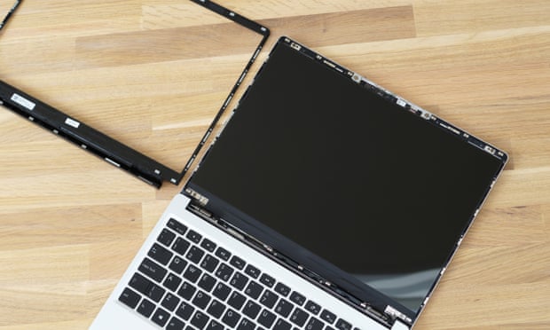 The Framework Laptop screen’s surround removed showing the circuitry and hinge.