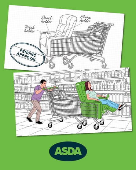 A diagram of an adult pushing a trolley with another adult sitting in a seat at the front of the trolley.