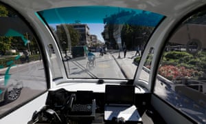 Inside the CityMobil2 driverless bus as it travels through Trikala.