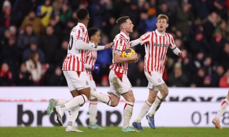 Thompson of Stoke City celebrates a goal.