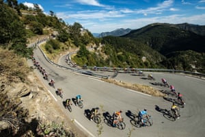 Riders on a descent on Stage 2 from Nice Haut Pays to Nice.