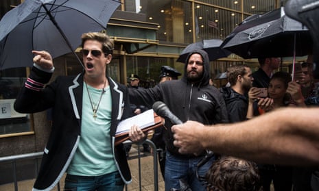 Milo Yiannopoulos speaks outside the offices of Simon &amp; Schuster in 2017 after the publisher’s decision to cancel his book deal.