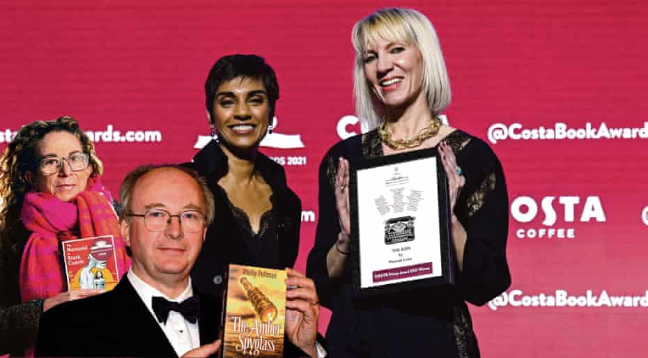 Last word … Monique Roffey, left, Philip Pullman and, right, the final Costa book of the year winner Hannah Lowe with judges’ chair Reeta Chakrabarti.