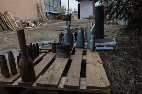 Remains of shells collected by a local resident in the village of Liptsi in Kharkiv.