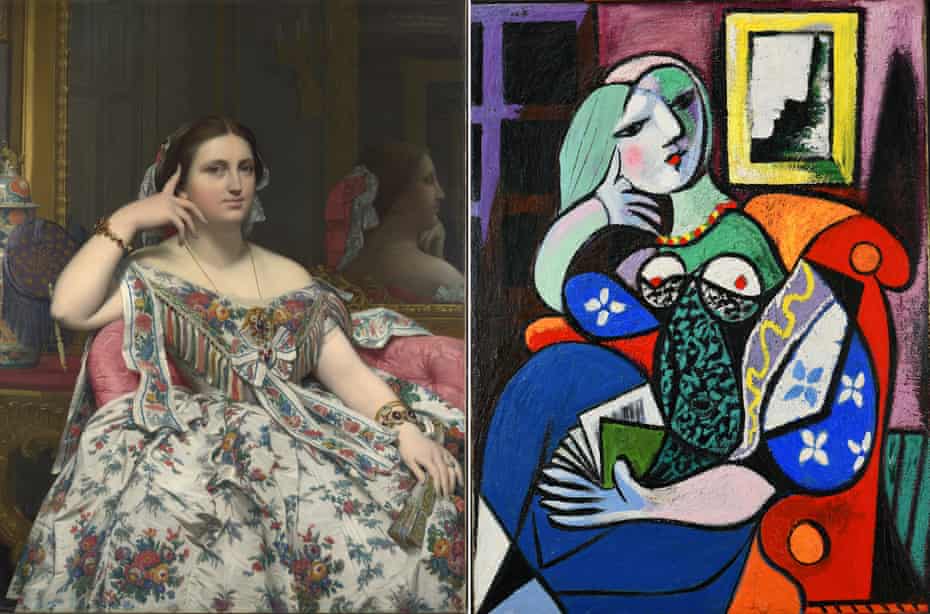 Madame Moitessier, 1856, left, by Ingres. Right: Picasso’s Woman With a Book, 1932.