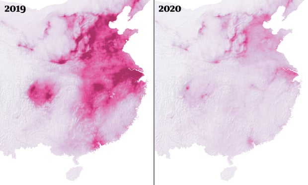Pollution levels in China in 2019, left, and 2020.