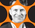A black and white portrait of Luke Harding behind a swirling orange graphic