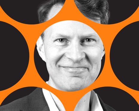 A black and white portrait of Luke Harding behind a swirling orange graphic